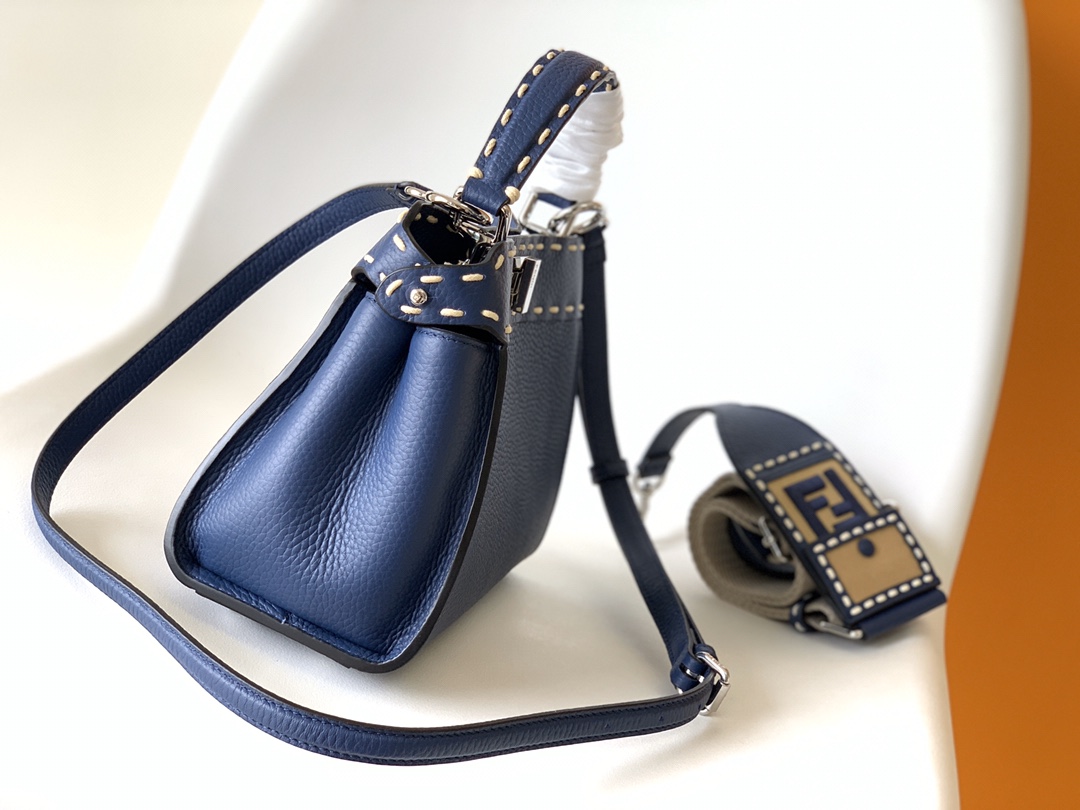 Fendi Peekaboo ISeeU Mini Blue Selleria Bag with 220 Hand-sewn Topstitches